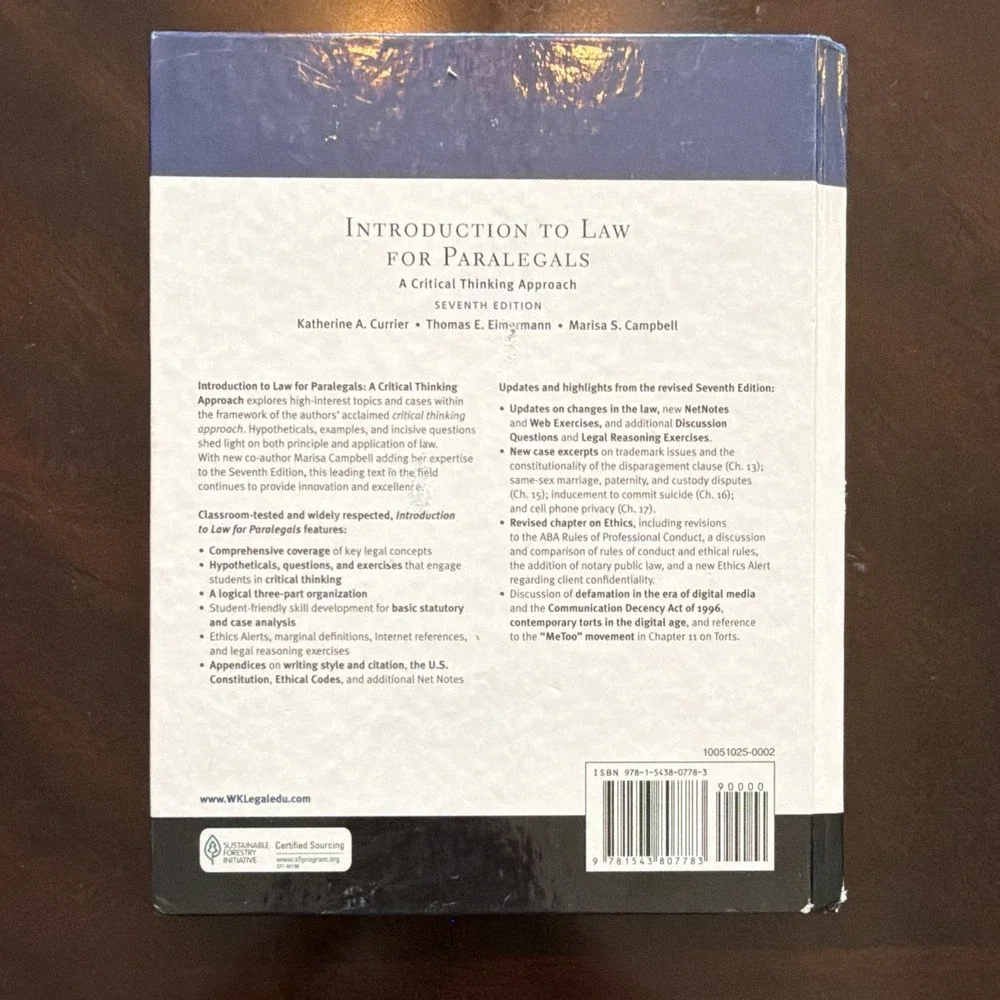 Wolters Kluwer Introduction to Law for Paralegals 7th Ed Paperback 2019